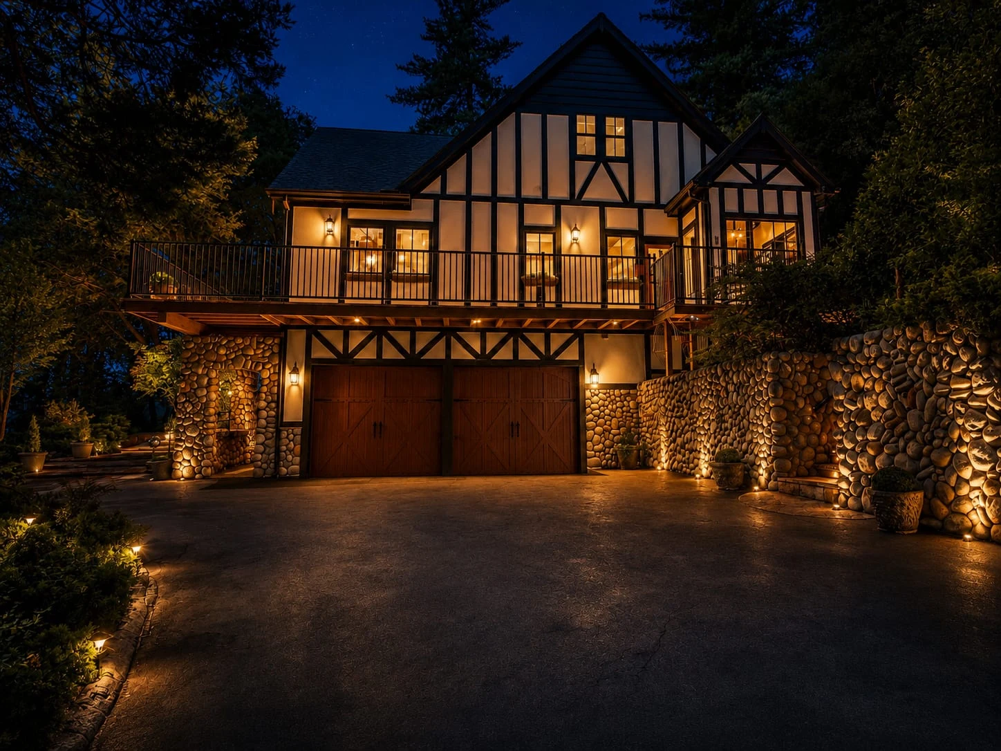 The house at night, its windows glowing warm above the pines