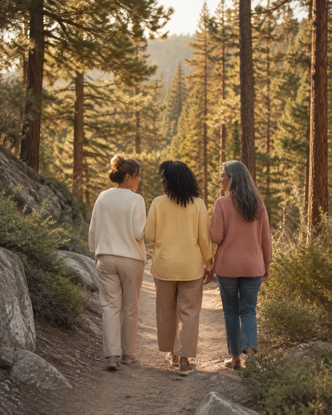 Three women walking together along a dirt path through tall pines in late afternoon light