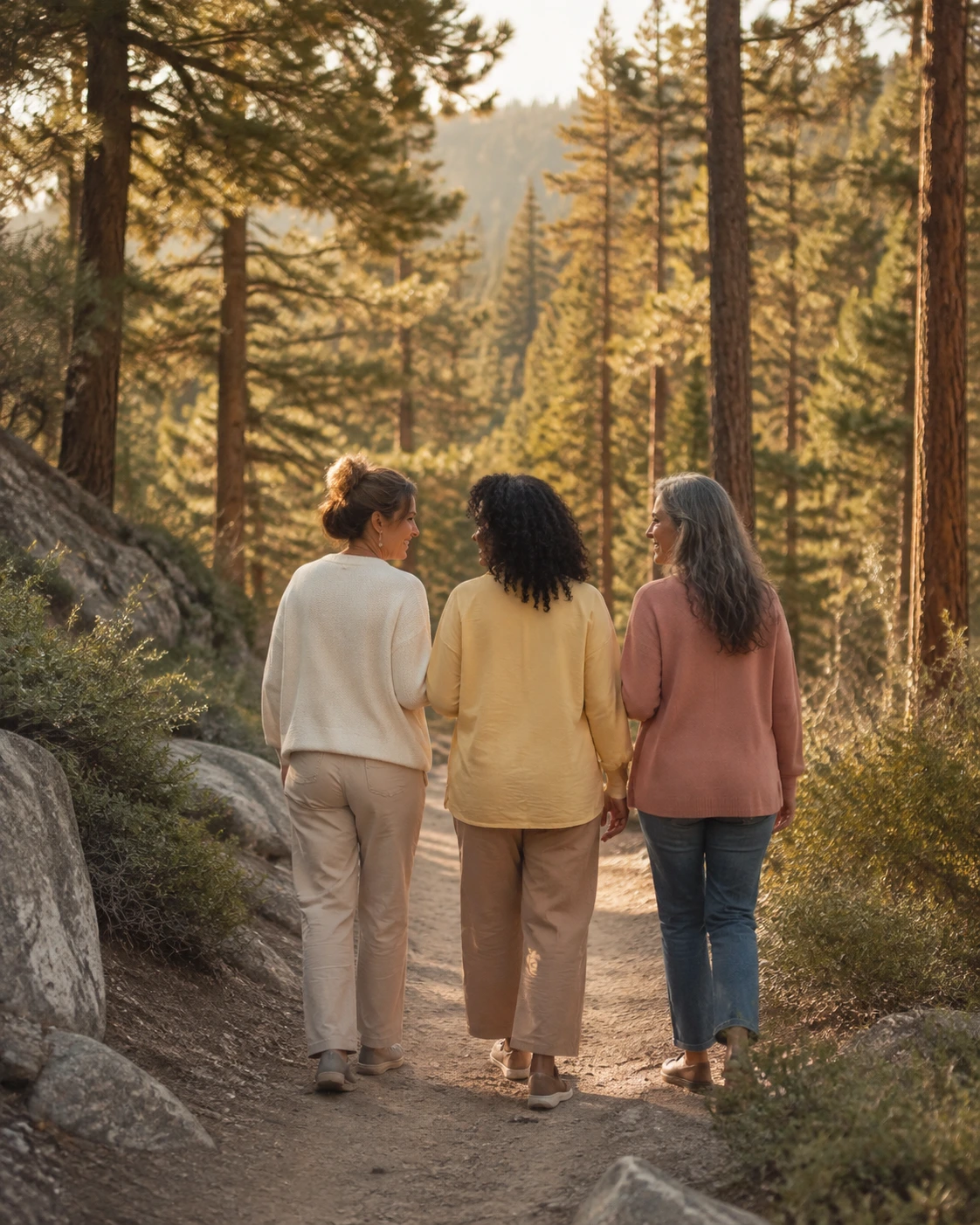 Three women walking together along a dirt path through tall pines in late afternoon light