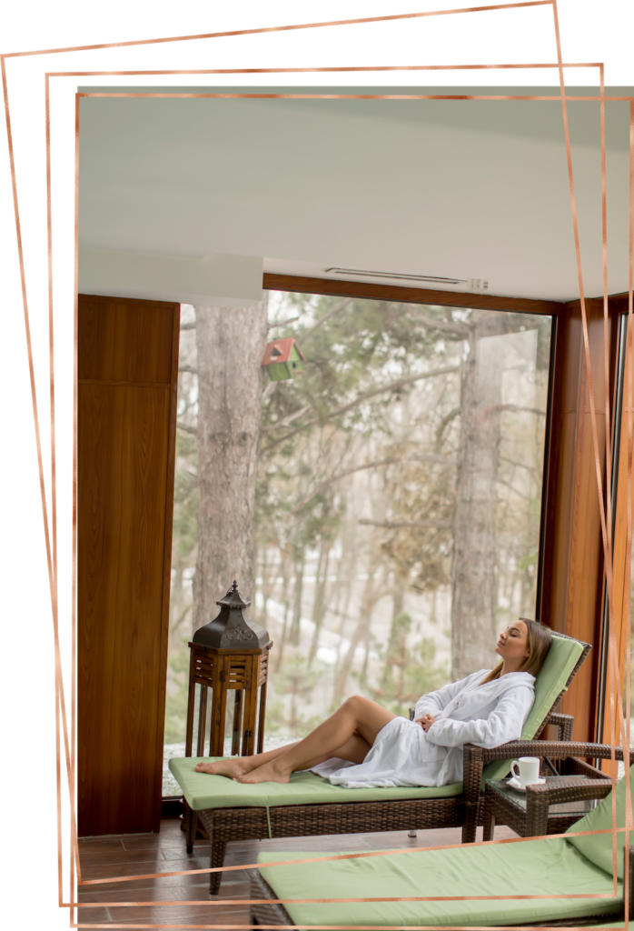 Executive woman relaxes in her private room at a holistic mental health retreat for professionals.