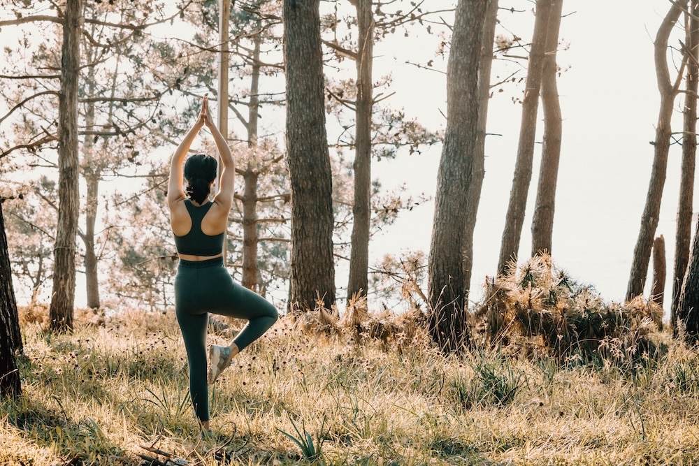 Young woman doing yoga in pine forest