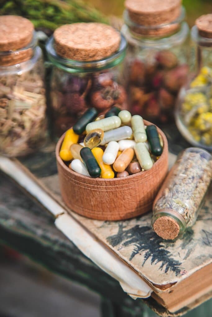 Dried medicinal herbs on the table.