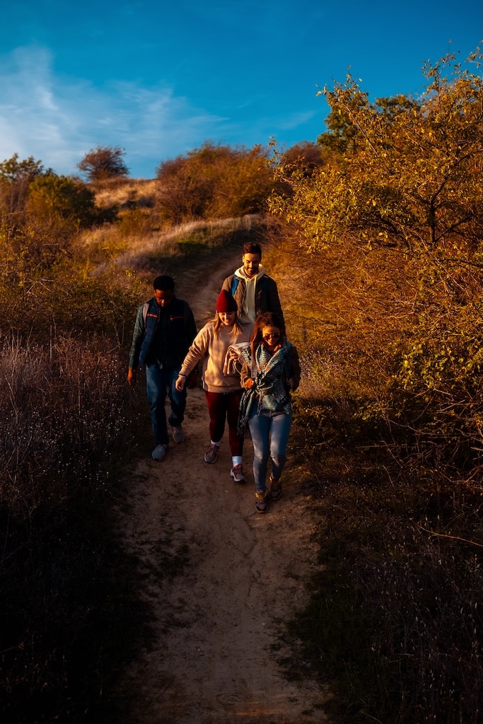 Group of smiling friends walking together on a mountain path.